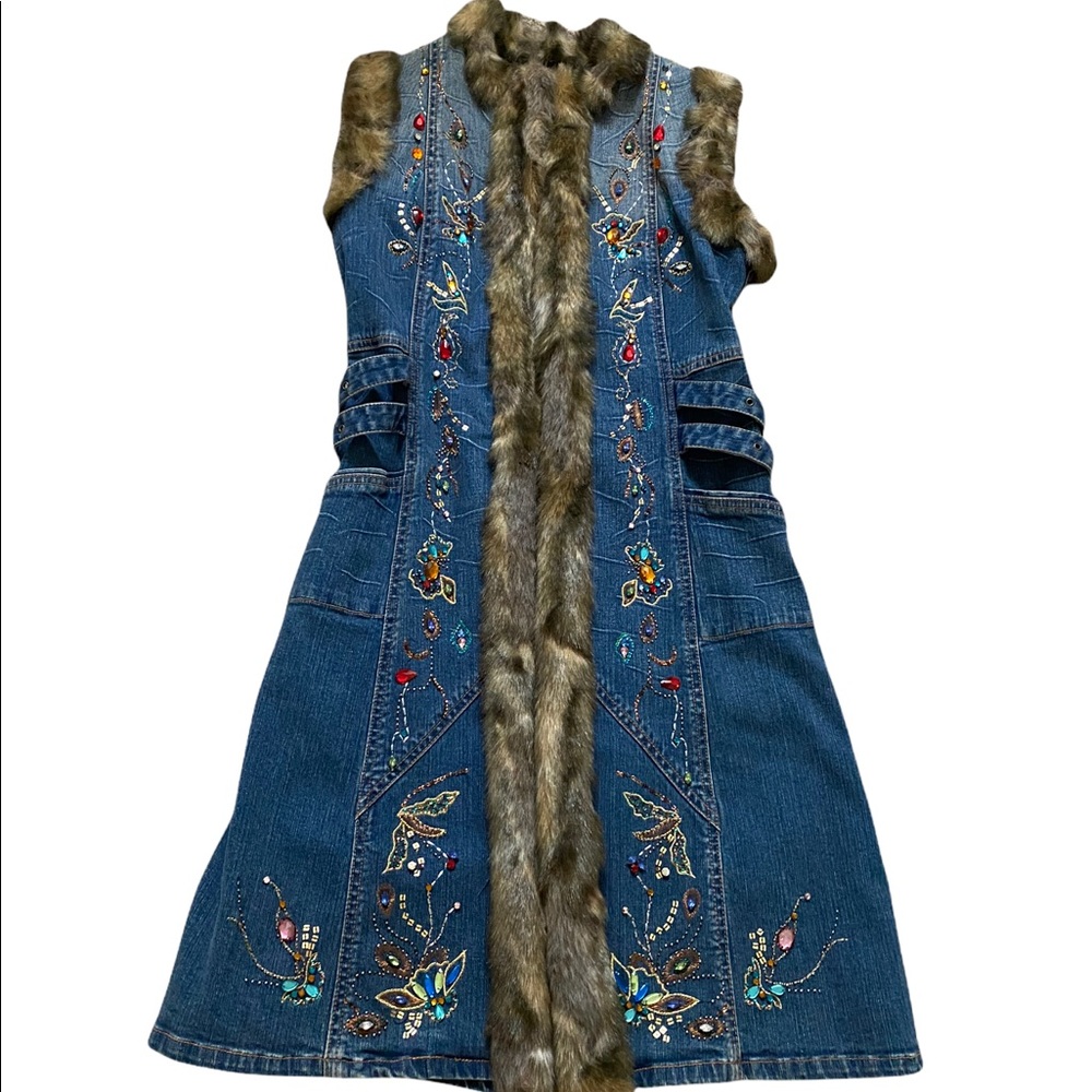 New Boho Style Jeans Coat Faux Fur and Handmade Crystal Decoration - Vest Jacket